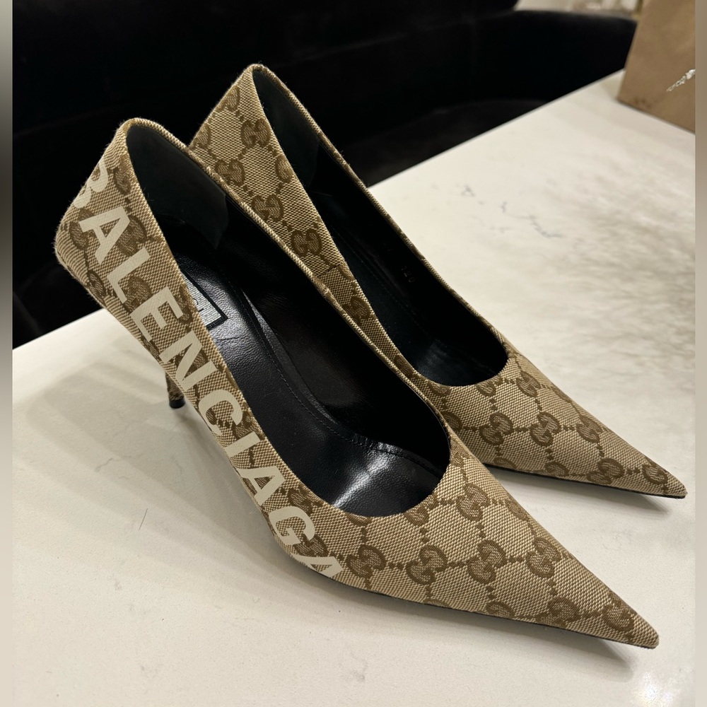 BALENCIAGA X GUCCI GG Monogram Square Knife 80mm Pumps 37